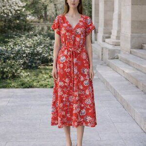 Talbots Red Floral Midi Dress Flutter Sleeve Tie Waist Size 14